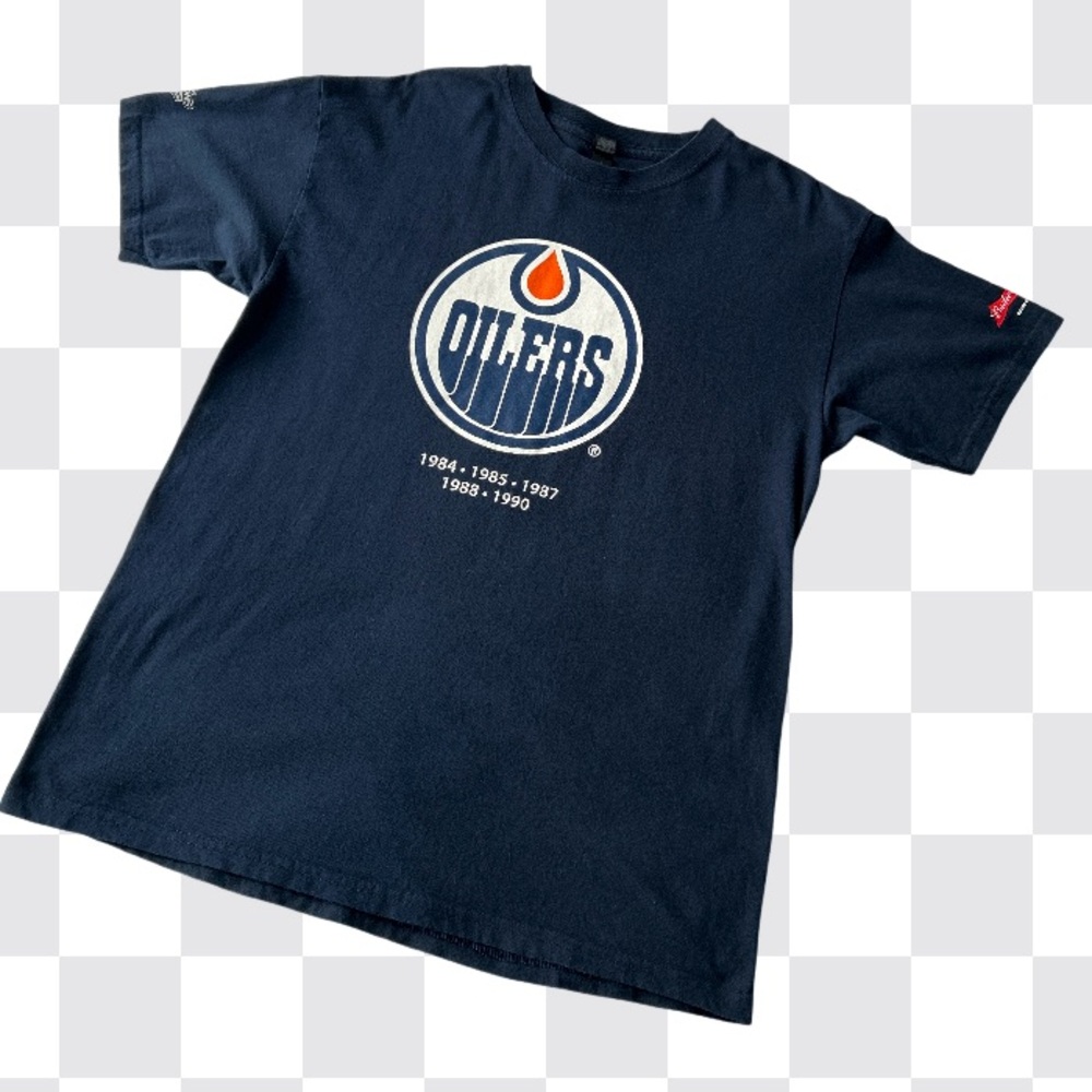 COilers Graphic Budweiser Celebration NHL Navy Blue Cotton Tee Shirt Size Large